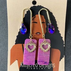 Purple and Gold Heart Artisan Gem Earrings
